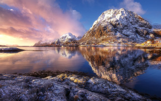 Mountain lake sunset clouds reflection - covered mountain free wallpaper