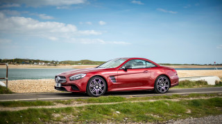Red mercedes benz coupe sunny - a road next free wallpaper