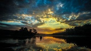 Sunset boat water clouds trees - sunset free wallpaper