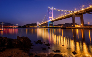 Night bridge city mountains fireworks - a bridge free wallpaper