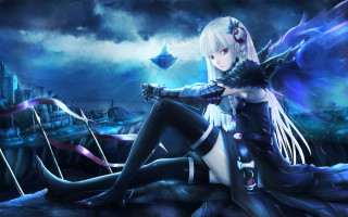 White haired woman sitting city - her hand and a city in the background free wallpaper
