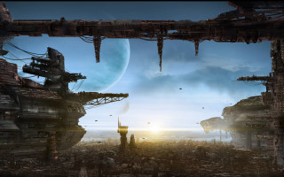 Sci fi afrofuturism cityscape mattepainting - a distant planet in the foreground free wallpaper