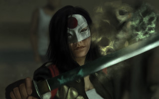 Woman sword mask smokey background - a woman free wallpaper