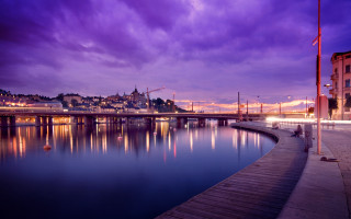 City skyline bridge river night 100 - a purple sky free wallpaper