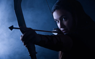 Woman archer smoke blue background - epic fantasy character art free wallpaper
