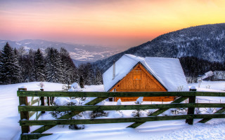 Snowy mountain cabin sunset forest - sunset free wallpaper