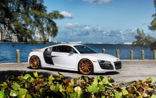 White car water trees clouds - andrew law free wallpaper