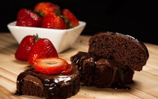 Chocolate cake bite strawberries wooden 2 - a bowl of strawberries free wallpaper