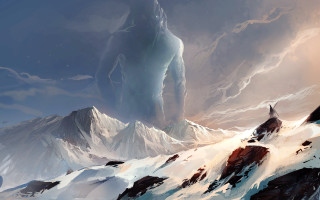 Mountain iceberg person sky ocean - art greg rutkowski free wallpaper