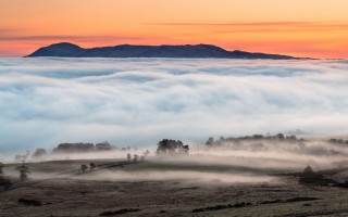 Mountain fog sunset trees horizon - a few hill free wallpaper