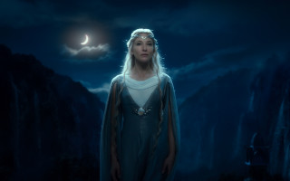 Woman blue dress mountain night - a crescent moon in the sky free wallpaper