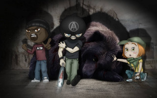Cartoon characters bear cave scooter - a group of cartoon characters free wallpaper