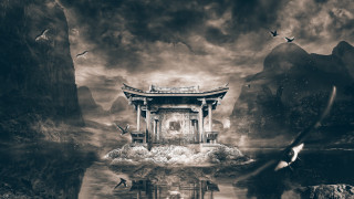 Mountain city birds sunset bridge - eishōsai chōki free wallpaper