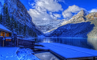 Snowy mountain lake dock cabin 2 - winter free wallpaper for desktop