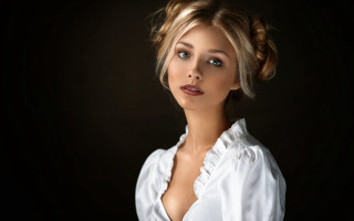 Woman white shirt bun portrait - her hair free wallpaper for desktop