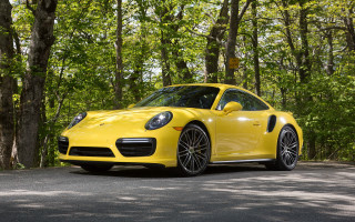 Yellow porsche forest road nature - digital free wallpaper for desktop