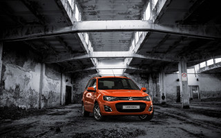 Orange car parking garage cinematic - a concrete floor free wallpaper
