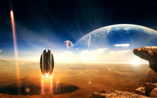 Space station rocket planets stars - free sci-fi wallpaper