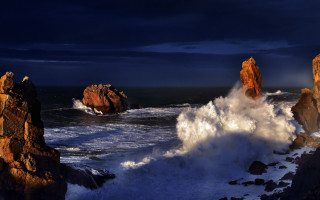 Stormy wave beach night rocks - expressionism free wallpaper