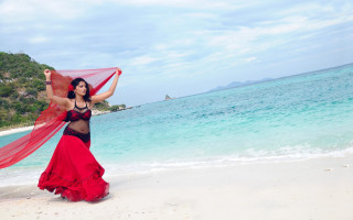 Woman red dress beach scarf - a red dress free wallpaper