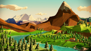 Mountain landscape river trees house - low free wallpaper