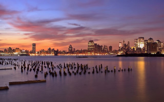 City skyline dusk water dock - a dock in the foreground free wallpaper