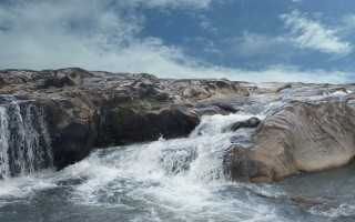 Waterfall rock formation matte painting - a rock formation in the middle of it free wallpaper