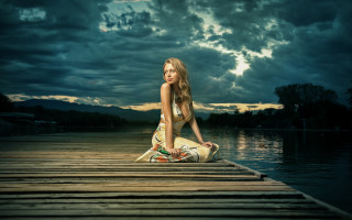 Woman dock dress clouds water - a sky background free wallpaper for desktop