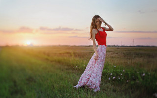 Woman dress field sunset sky - the sky in the background free wallpaper