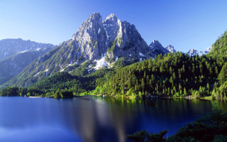 Mountain lake forest sky nature - tree and mountains free wallpaper