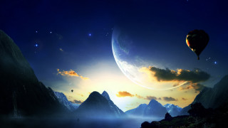 Hot air balloon moonlit mountains - a moon in the sky free wallpaper