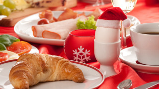 Red table cloth croissant coffee - a red table cloth free wallpaper