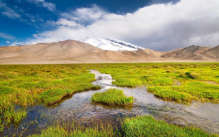 Stream lush field snowy mountains - peak in the distance free wallpaper