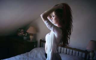 White dress woman bed room - a white wall free wallpaper
