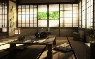 Eastern architectural room with futon - a green plant free wallpaper