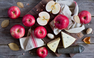 Wooden table apples cheese knife - postminimalism free wallpaper for desktop