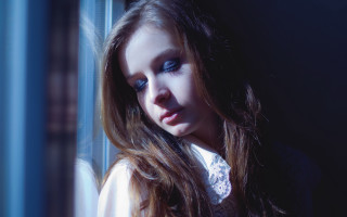 Woman longhair blueeyes lookingwindow whiteshirt - look free wallpaper for desktop