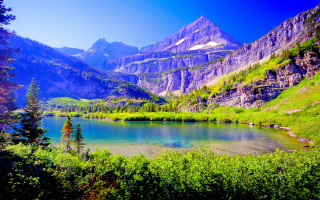 Mountain lake forest sky path - tree and mountains free wallpaper