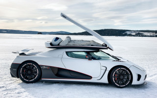 White sportscar surfboard snow lake - a lake in the background free wallpaper