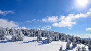 Snow mountain trees sun clouds - 4k uhd image free wallpaper