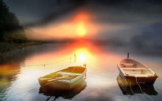 Boats dock sunset foggy matte - foggy free wallpaper