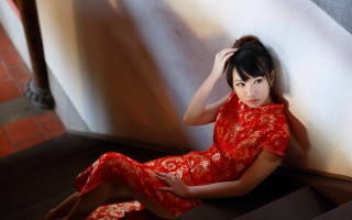 Woman red dress staircase portrait - a stair case free wallpaper