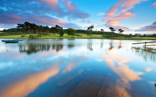 Boat water dock trees sky - the water near a dock free wallpaper