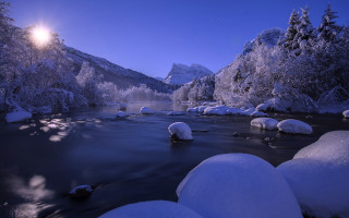 Snowy river moonlit night landscape - full free wallpaper