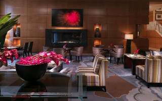 Fireplace room chairs tables flowers - ambient lighting free wallpaper