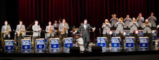 Men suits stage instruments microphones - a red curtain free wallpaper
