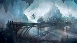 Futuristic city giant bridge waterfall - matte painting concept art free wallpaper