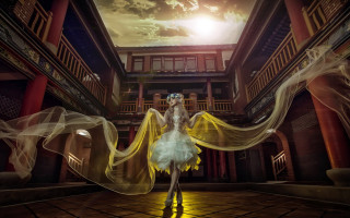 Woman white dress yellow veil - a yellow light free wallpaper