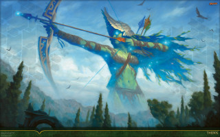 Woman bow arrow sky trees - altermodern free wallpaper