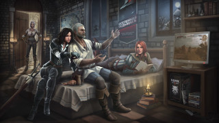 Man woman bedroom tv table - game art free wallpaper